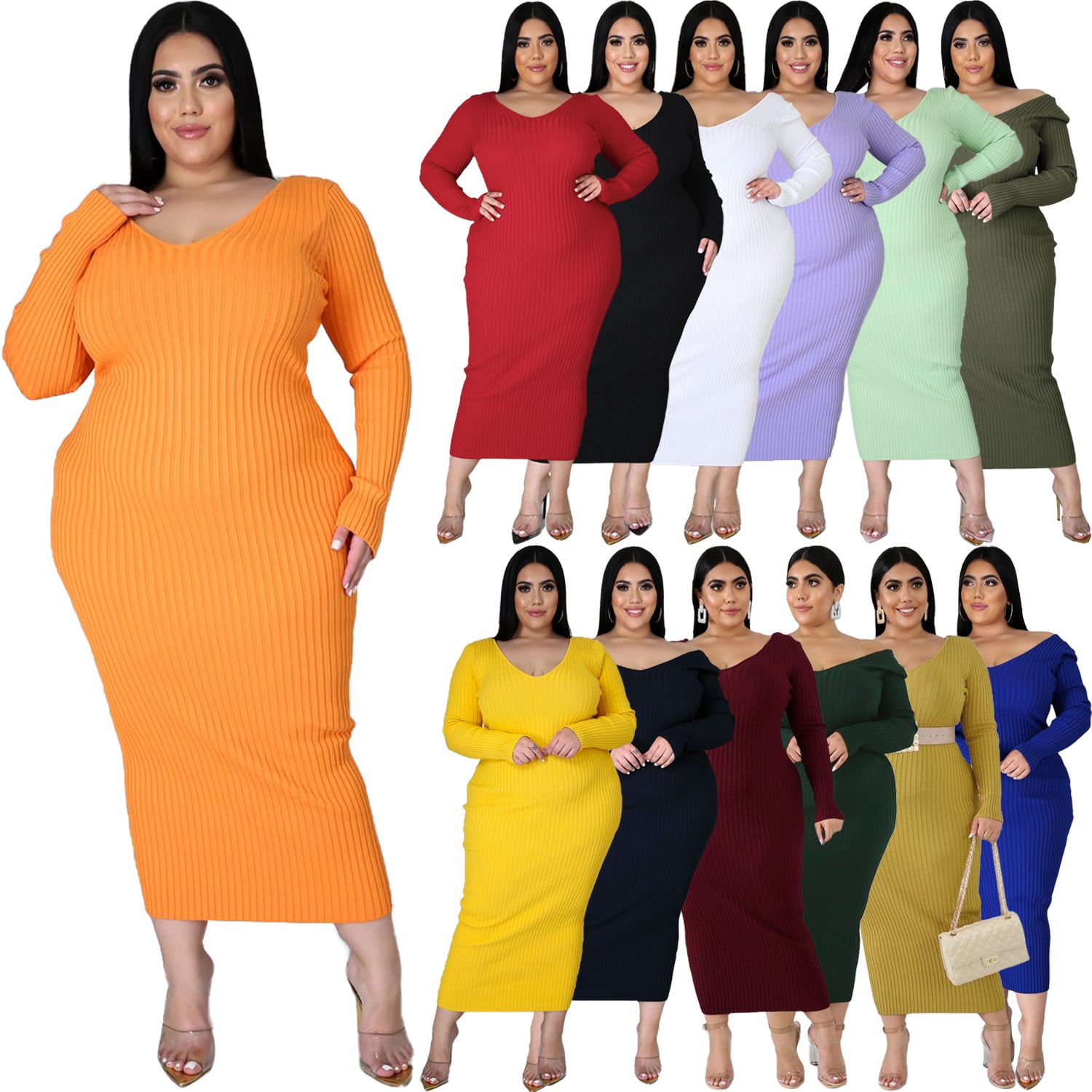 2018 hot sale of European and American dress pure color collar with large size sleeve plus fat women's clothes