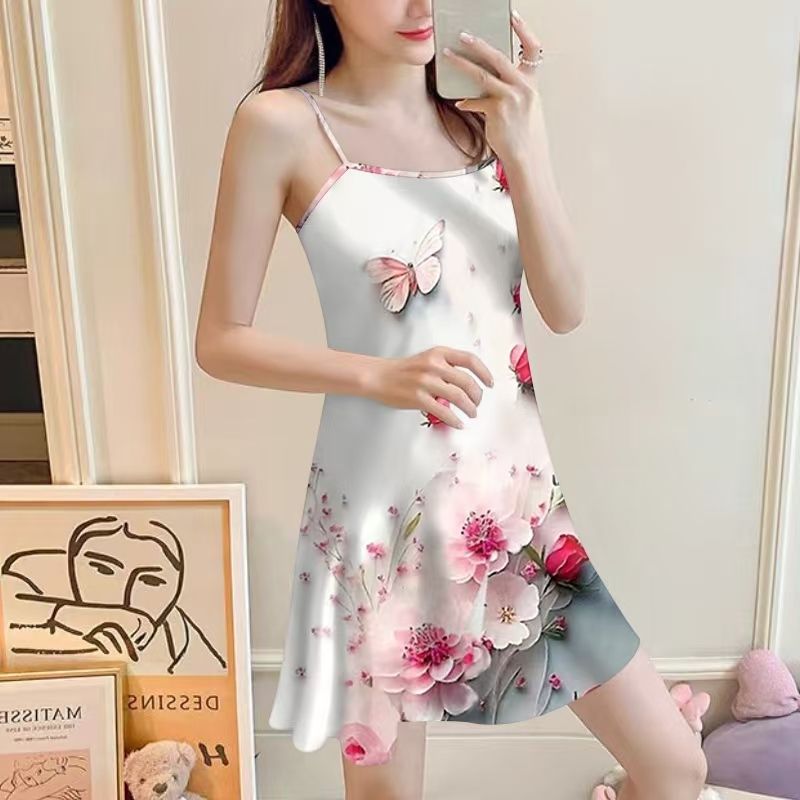 Summer of the New Lady's white Flowers Printed Long Milk Silk Sling Nightdress