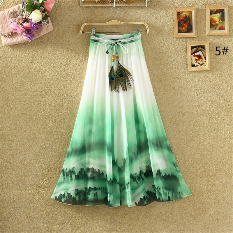Women Fashion Florals Print Long Skirt Female Boho Chiffon Casual Beach Skirts