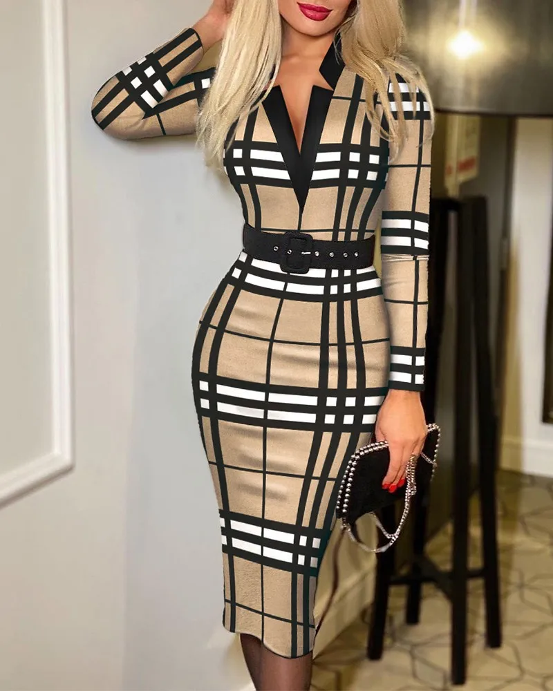 New Fashion Check Print V-Neck Hip Long Sleeve Sexy Dress