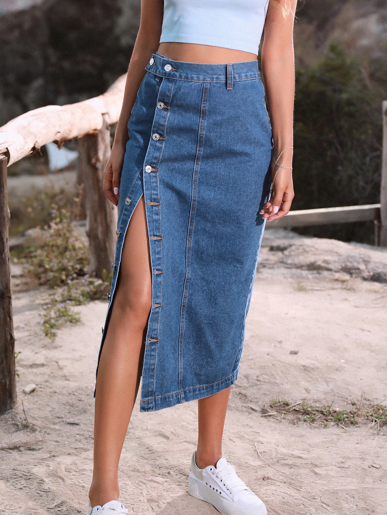 Women's INS button irregular split denim high waisted half length skirt