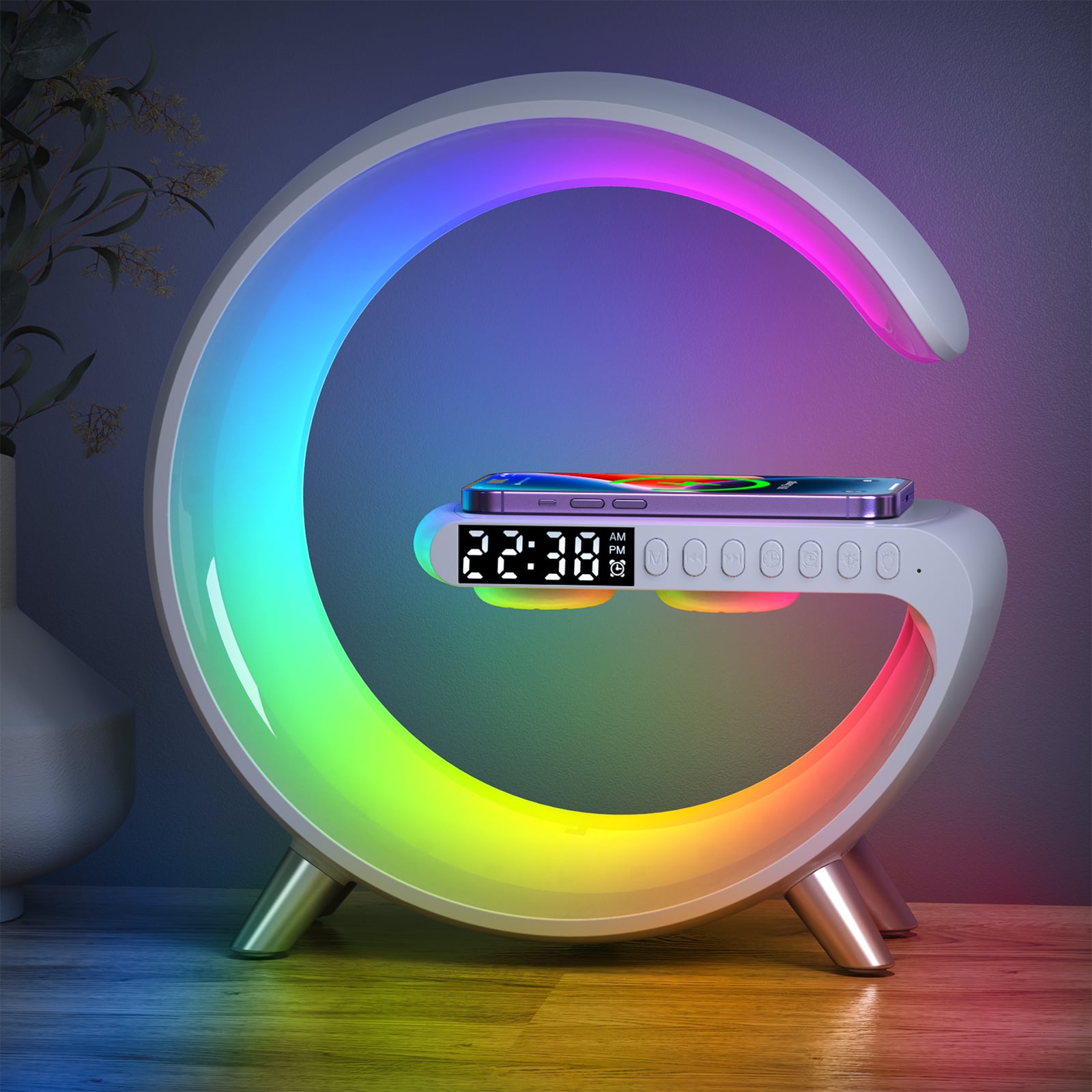 4 In 1 N69 15W Big Large G Alarm Clock Fast Blue Tooth Control Speaker Music Home Smart Night Light Wireless Charger Station
