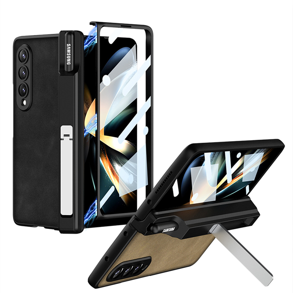 Luxury Leather Magnetic Hinge Protection Hard Plastic Cover for Samsung Galaxy Z Fold 4 5G Case with Pen Holder Screen Protector