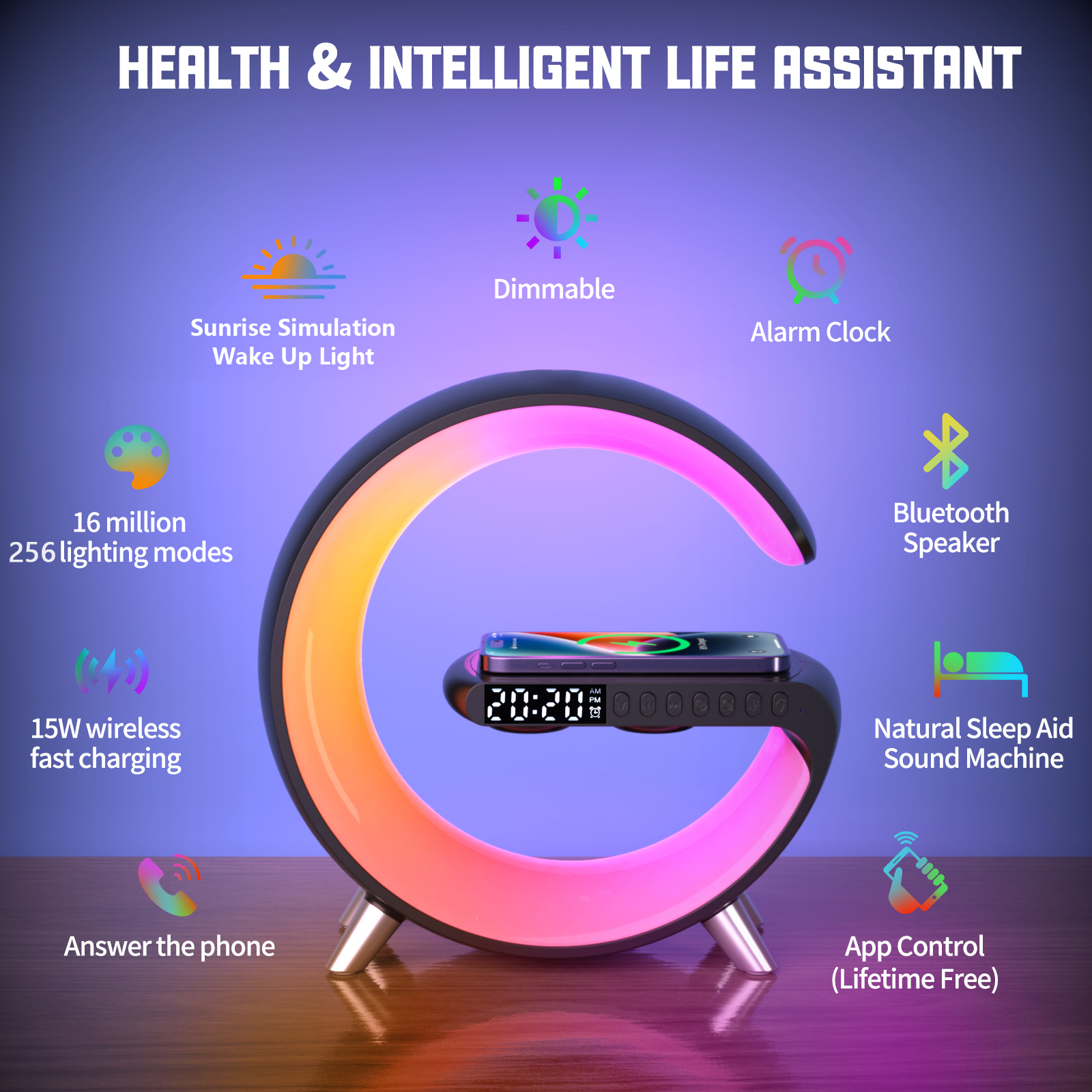 4 In 1 N69 15W Big Large G Alarm Clock Fast Blue Tooth Control Speaker Music Home Smart Night Light Wireless Charger Station