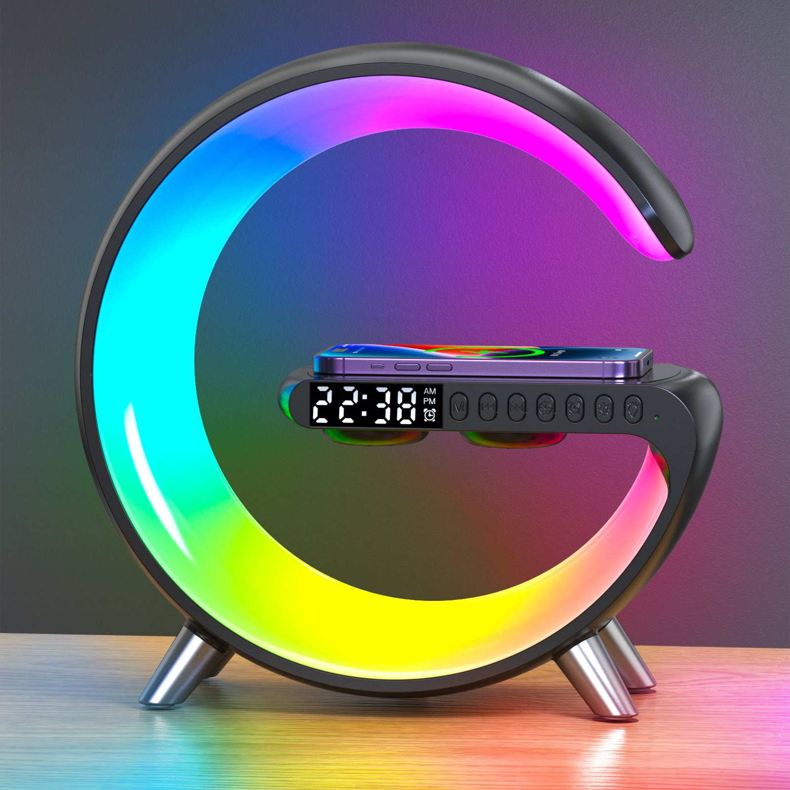 4 In 1 N69 15W Big Large G Alarm Clock Fast Blue Tooth Control Speaker Music Home Smart Night Light Wireless Charger Station
