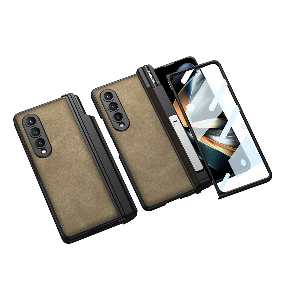 Luxury Leather Magnetic Hinge Protection Hard Plastic Cover for Samsung Galaxy Z Fold 4 5G Case with Pen Holder Screen Protector
