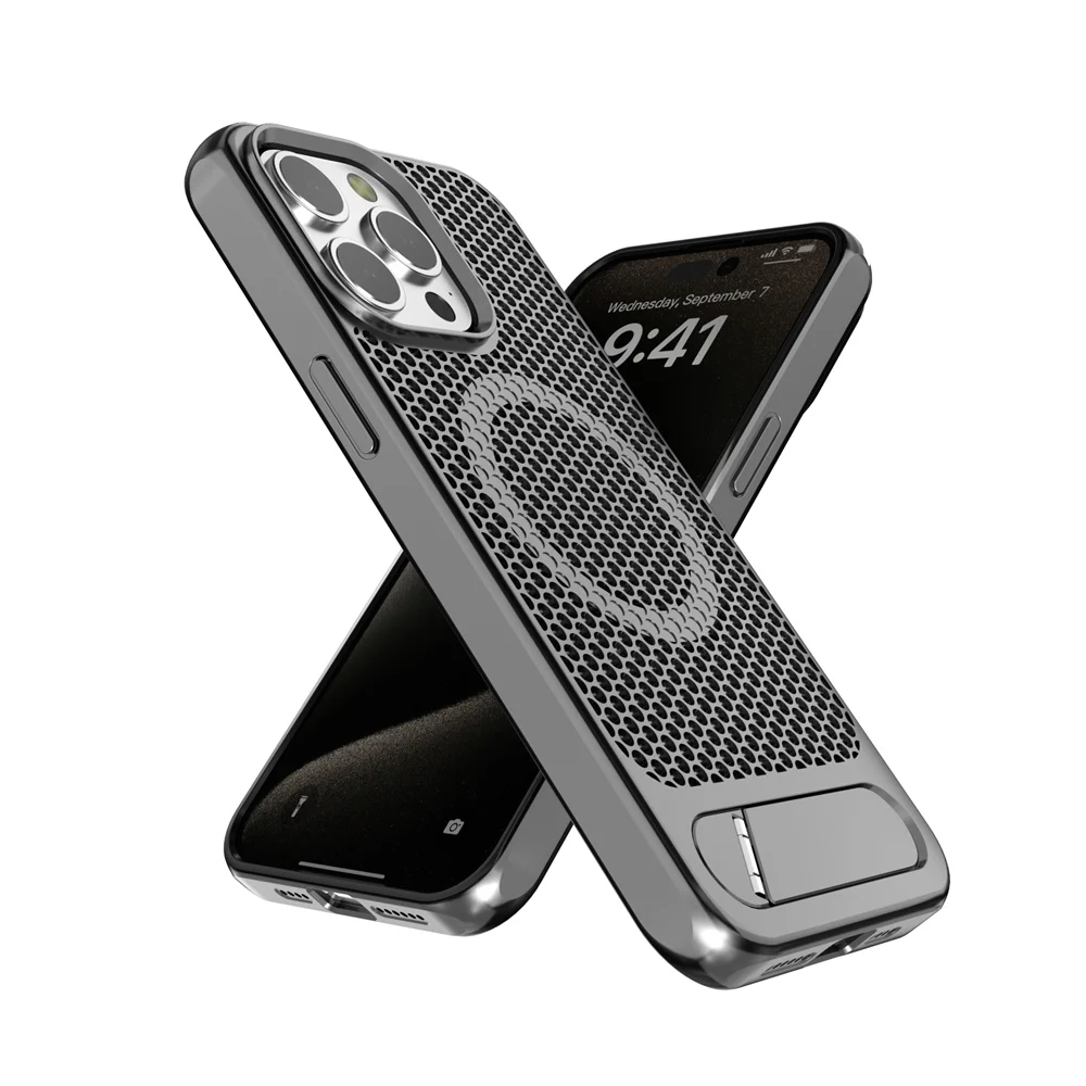 Luxury Cooling Stand Magnetic Phone Case For iPhone 17 16 15 14 11 12 13 Pro Max Heat Dissipation Plain Color Shockproof Cover