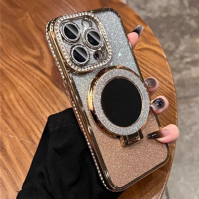 Luxury Flash Mirror iPhone Case with Diamond Frame & Kickstand – Compatible with iPhone 11/12/13/14/15/16 Pro Max, Plus & Air Models