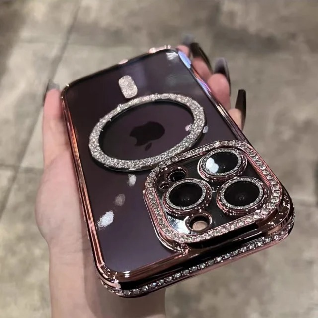 Luxury Plated MagSafe iPhone Case with Diamond Frame – Magnetic Protective Cover for iPhone 13/14/15/16 Pro Max, Plus & 17 Air