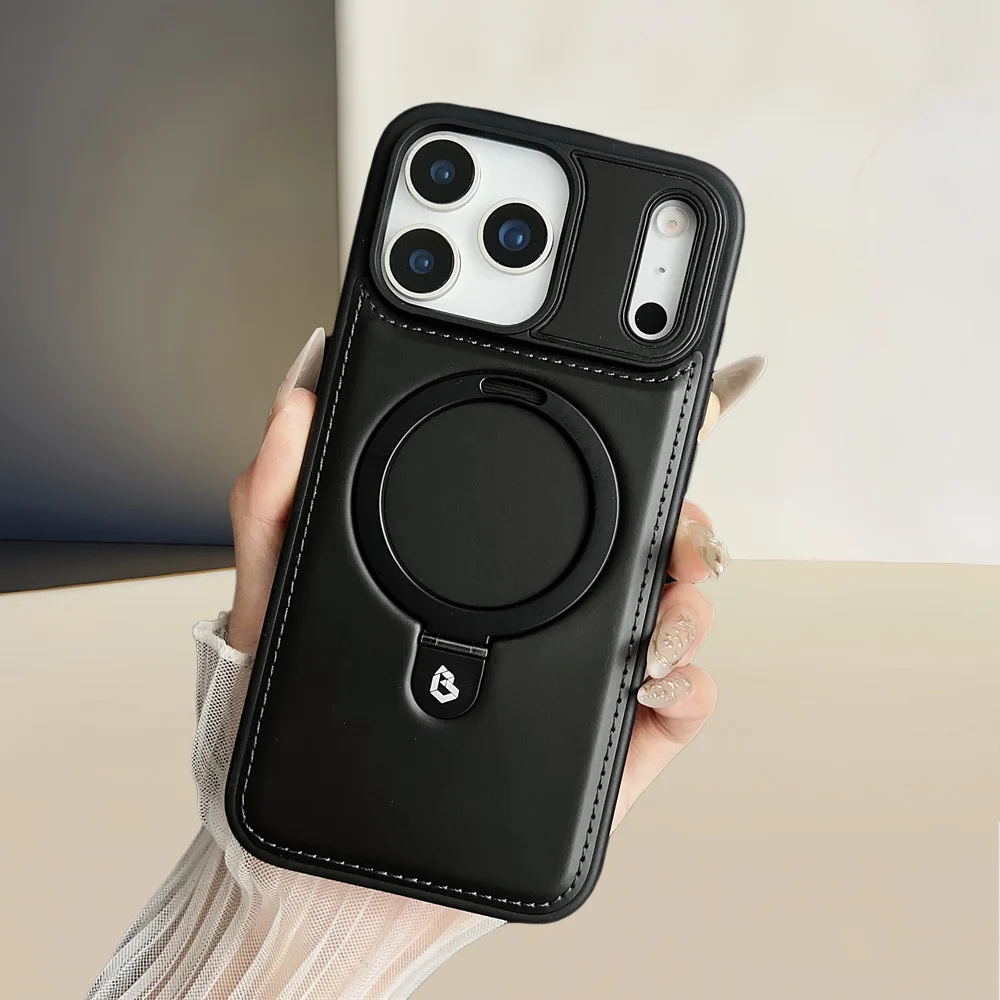 Luxury PU Leather Magnetic Ring Kickstand Case for iPhone 17 Pro Max, 17 Air, 16, 15