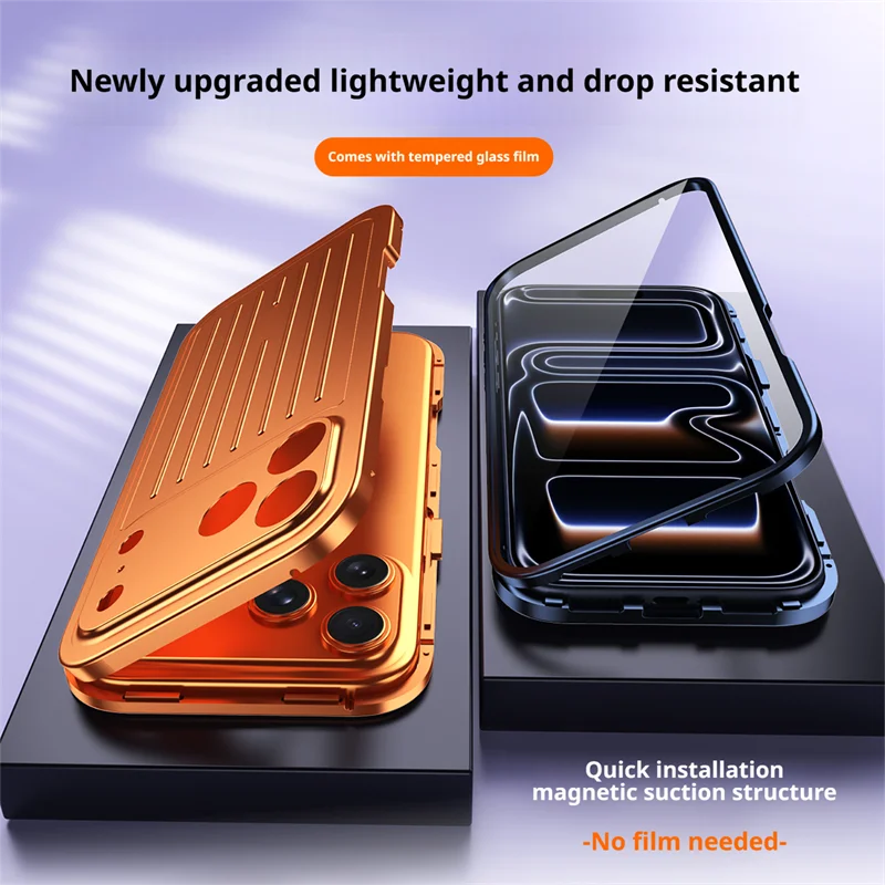 360° Metal Back Panel Phone Case for iPhone 17 / 16 / 15 / 14 Pro Max – Tempered Glass HD Screen