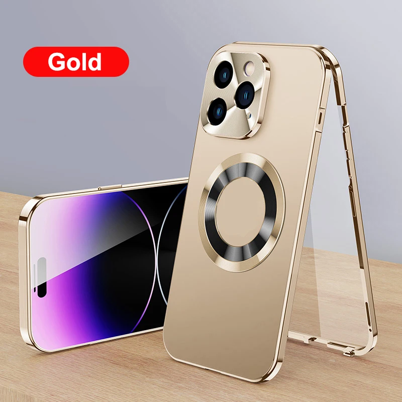 Magnetic Lock Metal Frame with HD Tempered Glass Full Cover Phone Case for iPhone 16, 15, 14