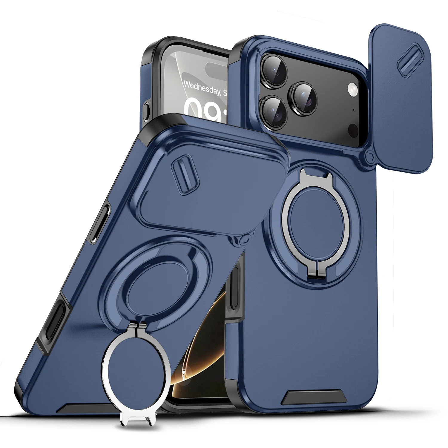 iPhone 14 15 16 17 Pro Max Heavy Duty Shockproof Case with Ring Stand & Slide Camera Lens