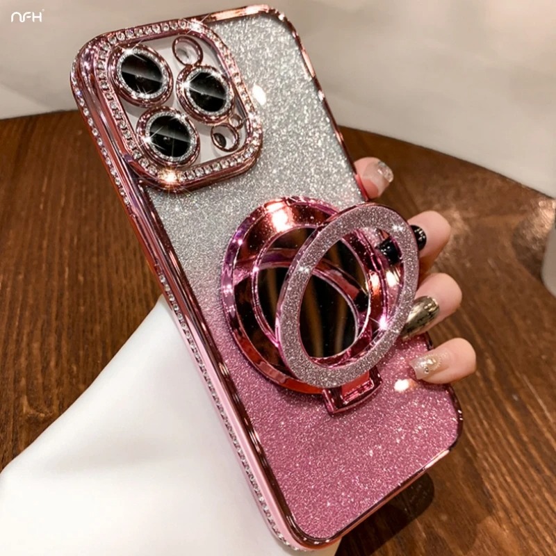 Luxury Flash Mirror iPhone Case with Diamond Frame & Kickstand – Compatible with iPhone 11/12/13/14/15/16 Pro Max, Plus & Air Models