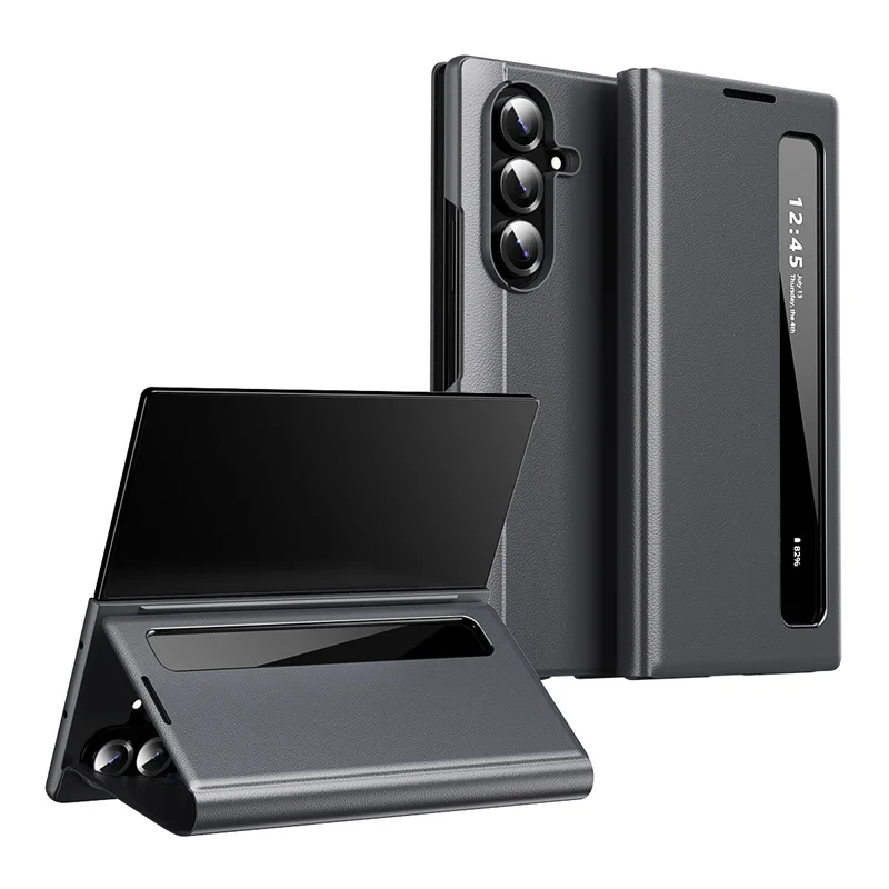 Business Smart Side Window Flip Cover for Samsung Galaxy Z Fold 7 / 6 / 5 / 4 / 3 – PU Leather Shock