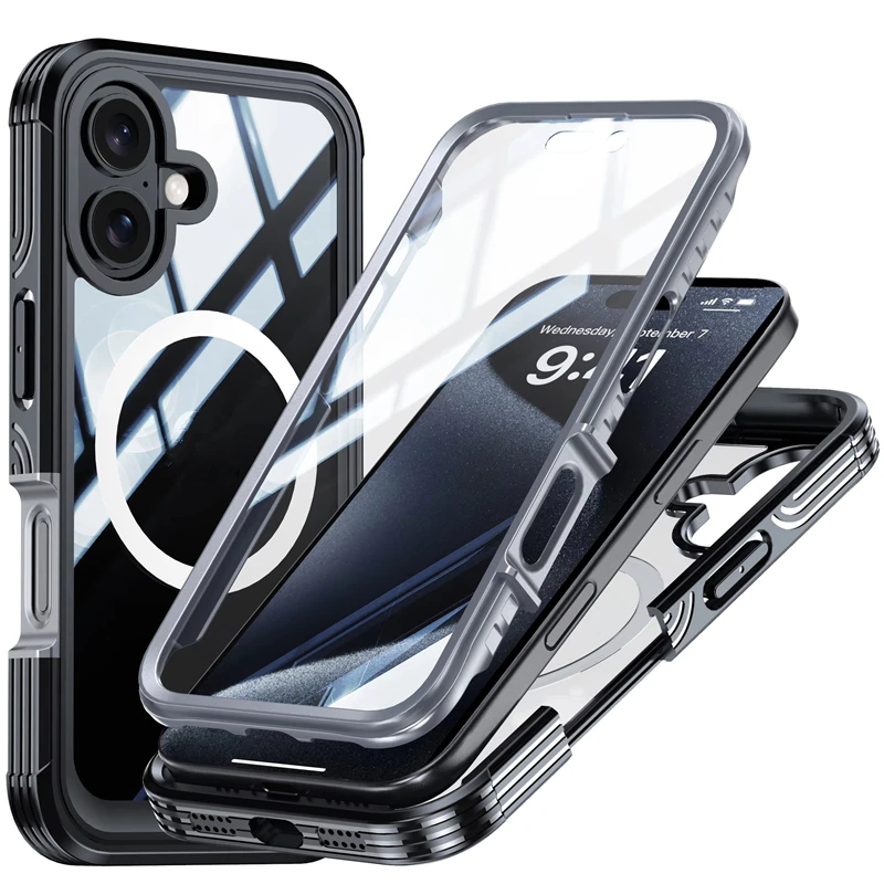 Clear 360 Magnetic Charging Phone Case with 9H Tempered Glass & PC Cover for iPhone 16 to 17