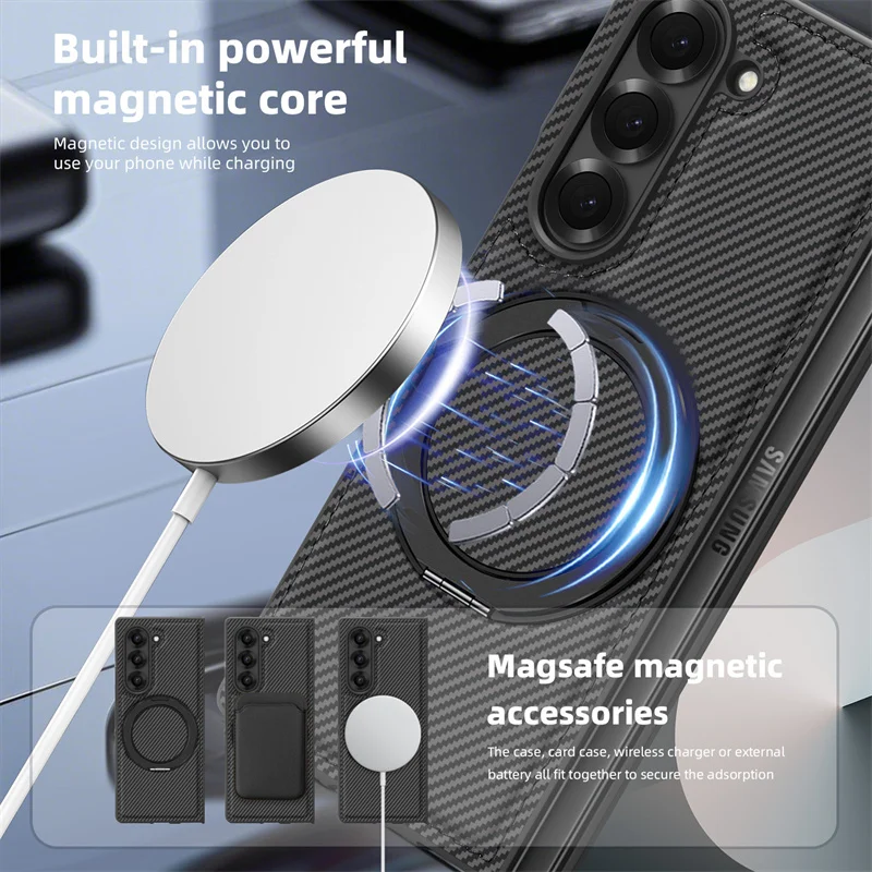 360° Rotating Bracket Magnetic Shockproof Case for Samsung Galaxy Z Fold 7 / 6 / 5 / 4 / 3 – Carbon