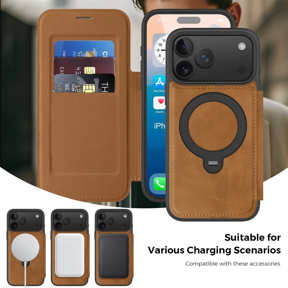 iPhone Leather Wallet Case with Card Slots & Magnetic Stand | Fits 11-17 Pro Max