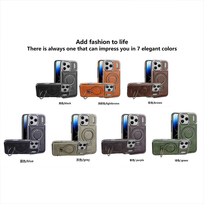 Luxury Leather iPhone Case with Magnetic Ring Stand - iPhone 17/16/15 Pro Max thumbnail 6