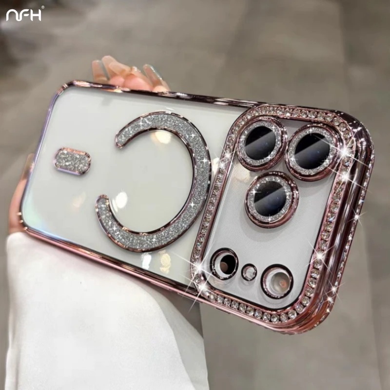 Luxury Plated MagSafe iPhone Case with Diamond Frame – Magnetic Protective Cover for iPhone 13/14/15/16 Pro Max, Plus & 17 Air