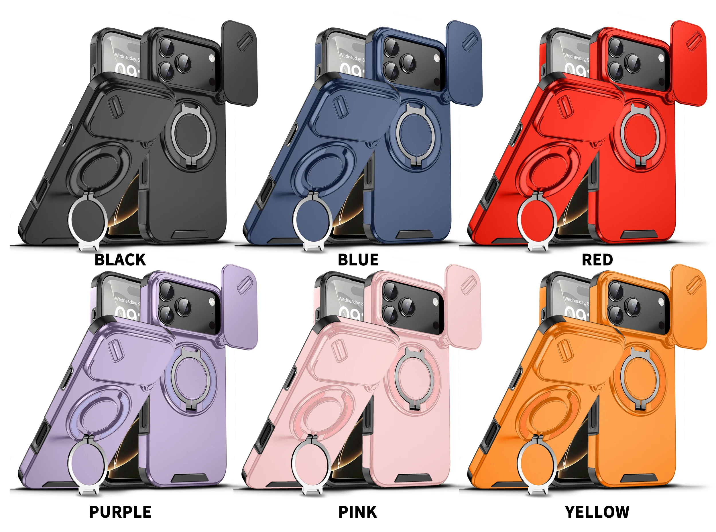iPhone 14 15 16 17 Pro Max Heavy Duty Shockproof Case with Ring Stand & Slide Camera Lens