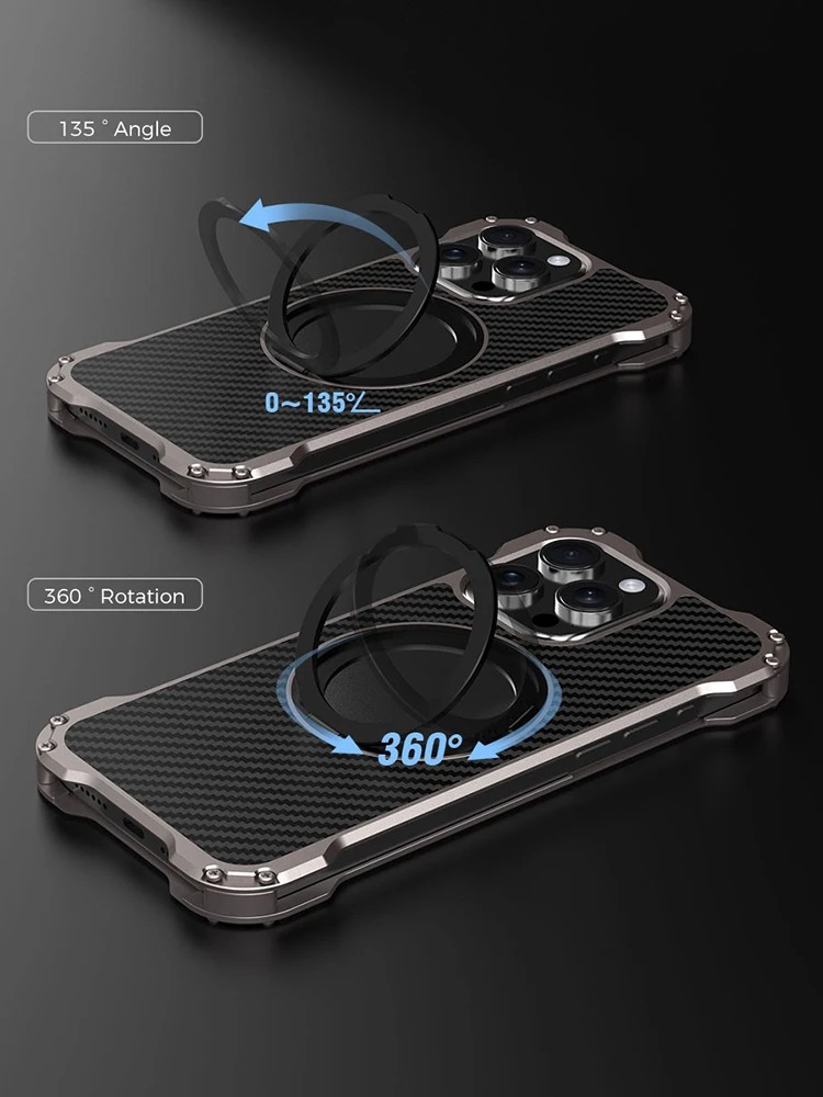 R-Just Metal Carbon Fiber iPhone Case with Ring Holder - 17/16/15/14/13 Pro Max
