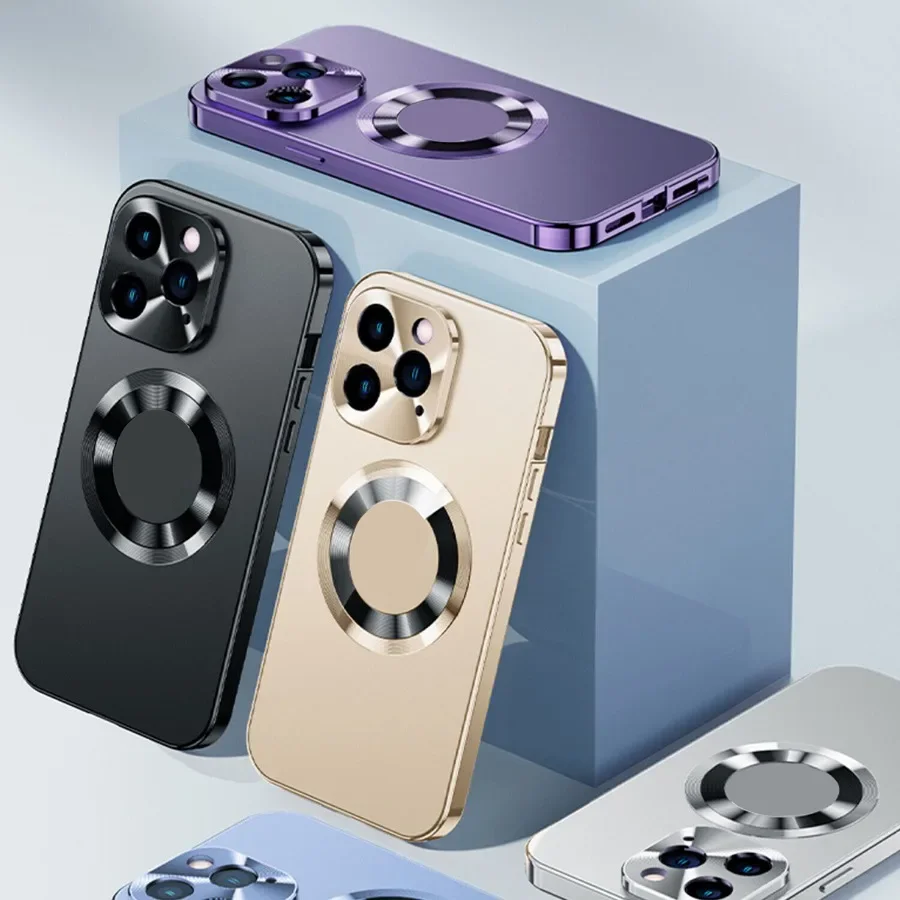 Magnetic Lock Metal Frame with HD Tempered Glass Full Cover Phone Case for iPhone 16, 15, 14