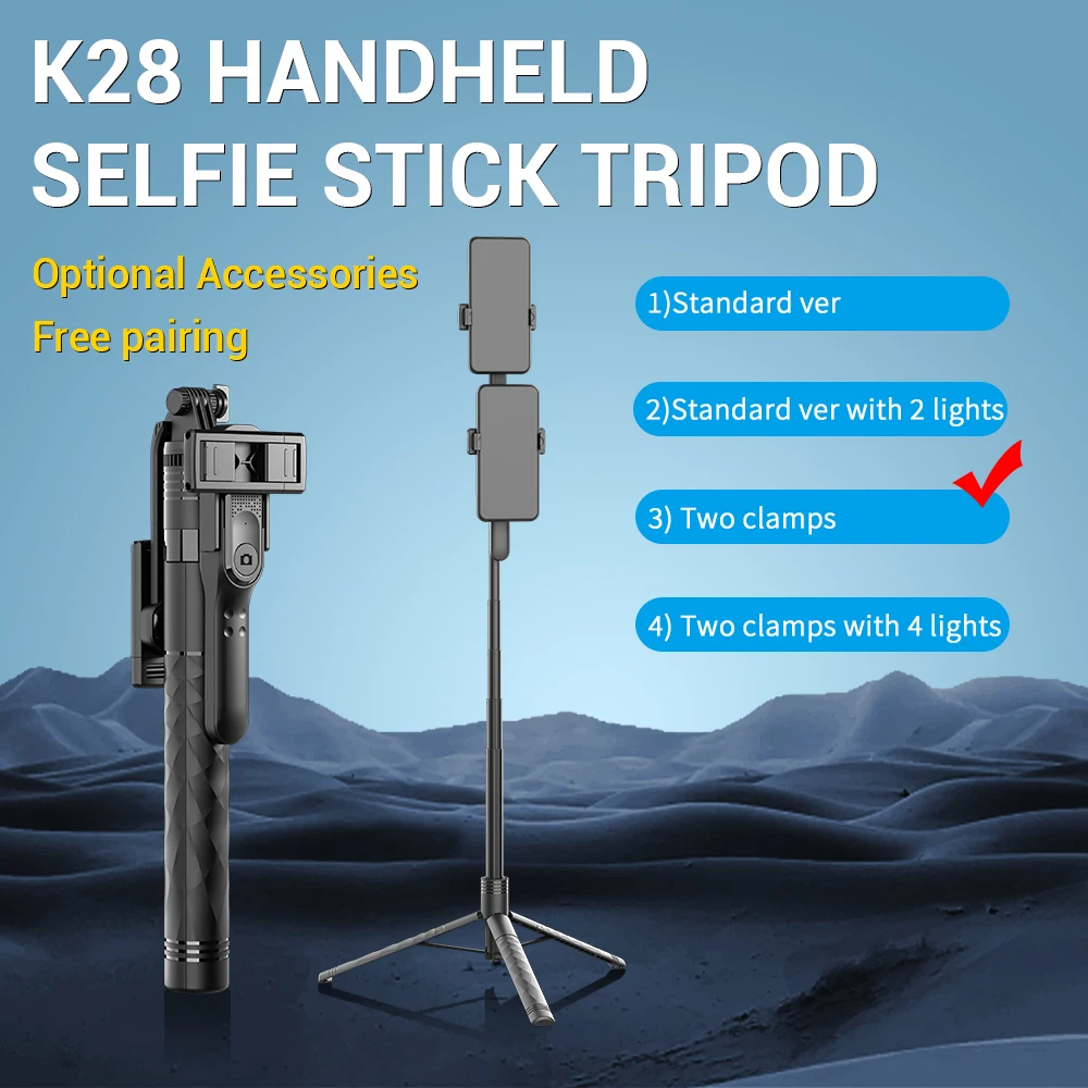 K28 Selfie Stick Tripod with Remote - 1.75m Extendable, 360° Rotation & LED Light thumbnail 3