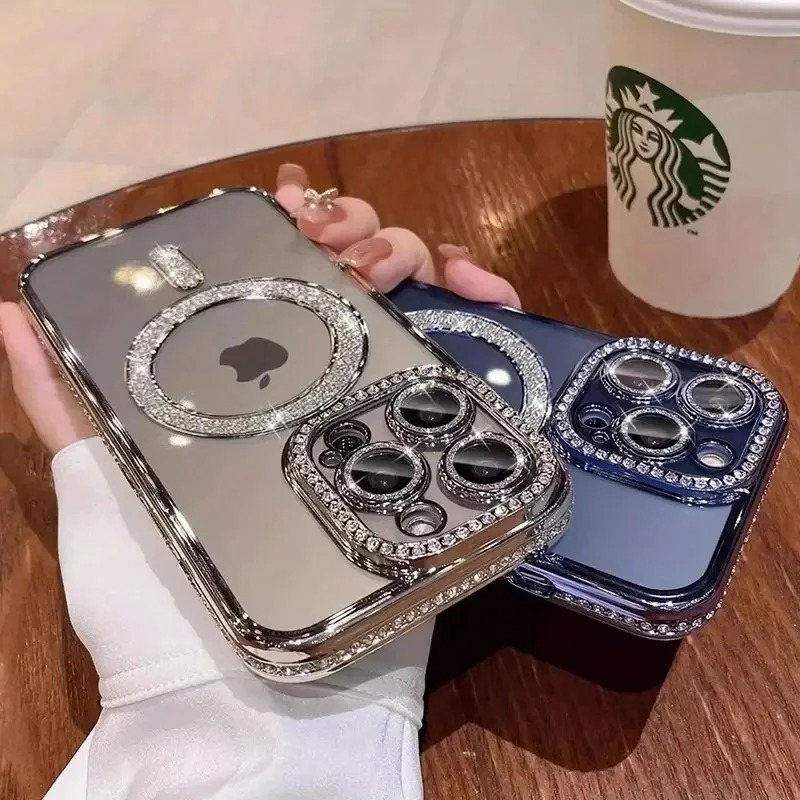 Luxury Plated MagSafe iPhone Case with Diamond Frame – Magnetic Protective Cover for iPhone 13/14/15/16 Pro Max, Plus & 17 Air