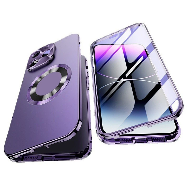 Magnetic Lock Metal Frame with HD Tempered Glass Full Cover Phone Case for iPhone 16, 15, 14