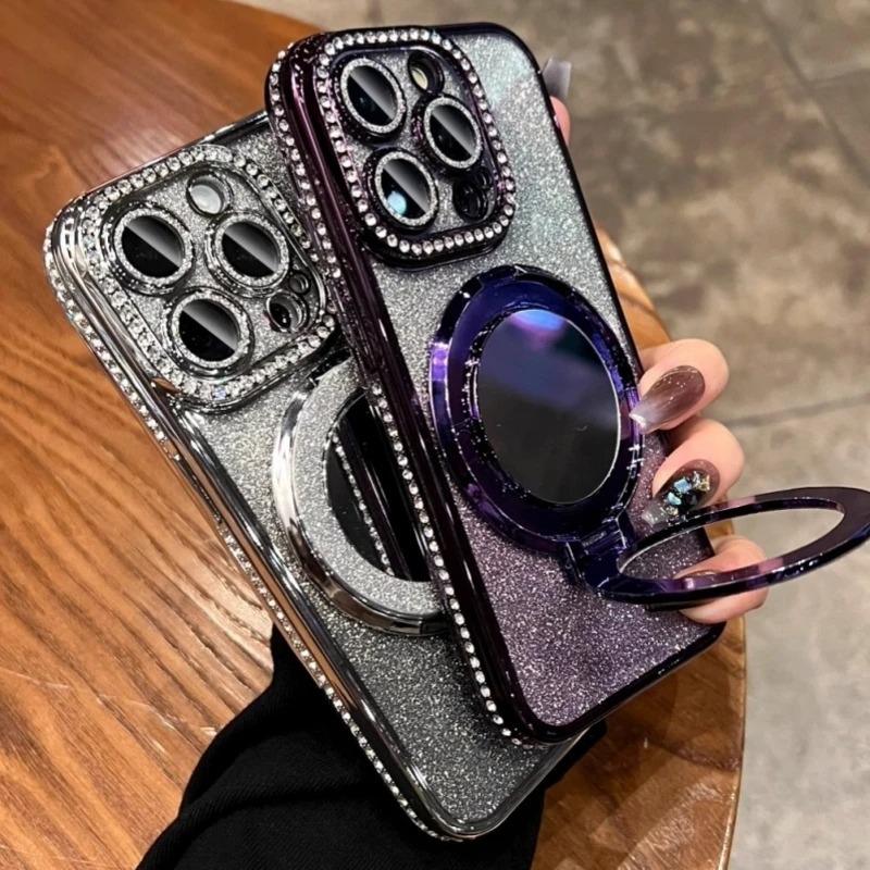 Luxury Flash Mirror iPhone Case with Diamond Frame & Kickstand – Compatible with iPhone 11/12/13/14/15/16 Pro Max, Plus & Air Models