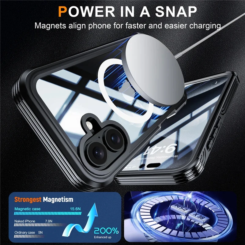 Clear 360 Magnetic Charging Phone Case with 9H Tempered Glass & PC Cover for iPhone 16 to 17