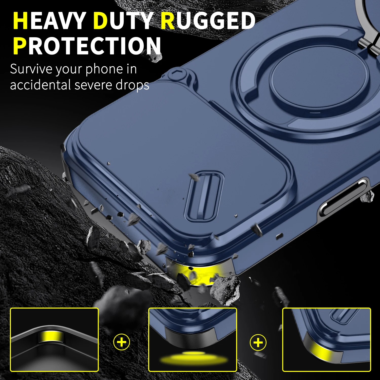 iPhone 14 15 16 17 Pro Max Heavy Duty Shockproof Case with Ring Stand & Slide Camera Lens