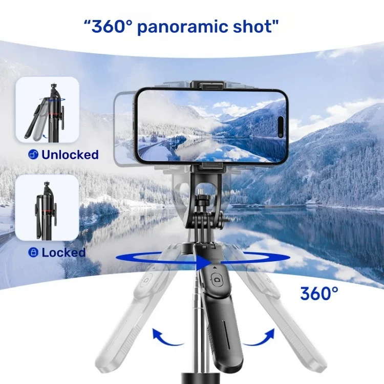 360° Rotating Selfie Stick Tripod with Remote - 170cm Anti-Shake Stand