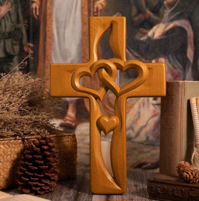 Handmade Wooden Dining Table with Carved Hearts Design - Rustic Home Furniture thumbnail 4