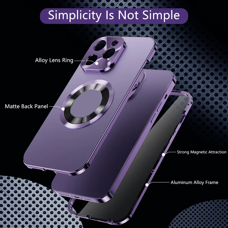 Magnetic Lock Metal Frame with HD Tempered Glass Full Cover Phone Case for iPhone 16, 15, 14