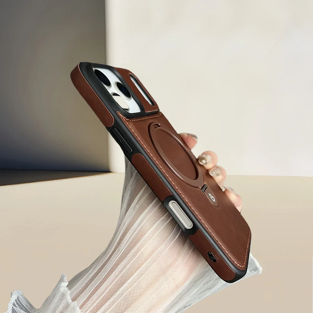 Luxury PU Leather Magnetic Ring Kickstand Case for iPhone 17 Pro Max, 17 Air, 16, 15