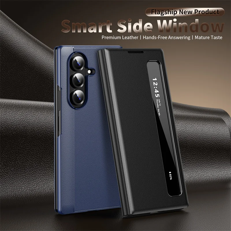 Business Smart Side Window Flip Cover for Samsung Galaxy Z Fold 7 / 6 / 5 / 4 / 3 – PU Leather Shock