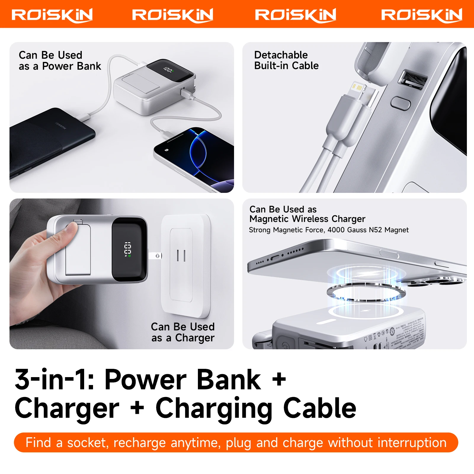 10000mAh Magnetic Power Bank with Foldable Wall Plug 22.5W Fast Charging for iPhone Samsung thumbnail 3