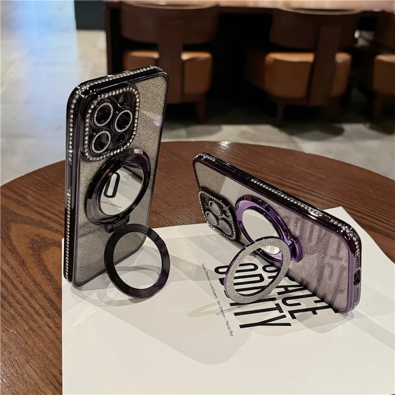 Luxury Flash Mirror iPhone Case with Diamond Frame & Kickstand – Compatible with iPhone 11/12/13/14/15/16 Pro Max, Plus & Air Models