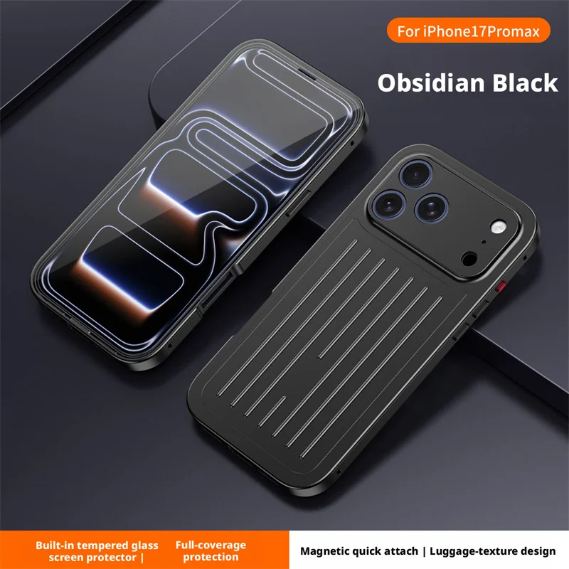 360° Metal Back Panel Phone Case for iPhone 17 / 16 / 15 / 14 Pro Max – Tempered Glass HD Screen