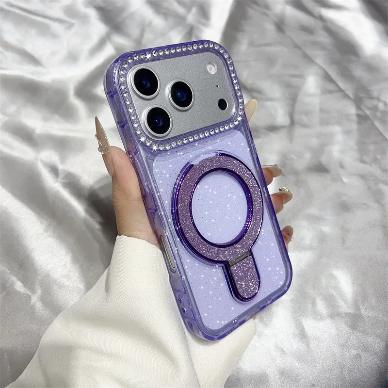 iPhone 17 Pro Max Shockproof TPU Glitter Case with Diamond Bling Holder thumbnail 3
