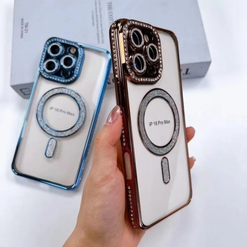 Luxury Plated MagSafe iPhone Case with Diamond Frame – Magnetic Protective Cover for iPhone 13/14/15/16 Pro Max, Plus & 17 Air