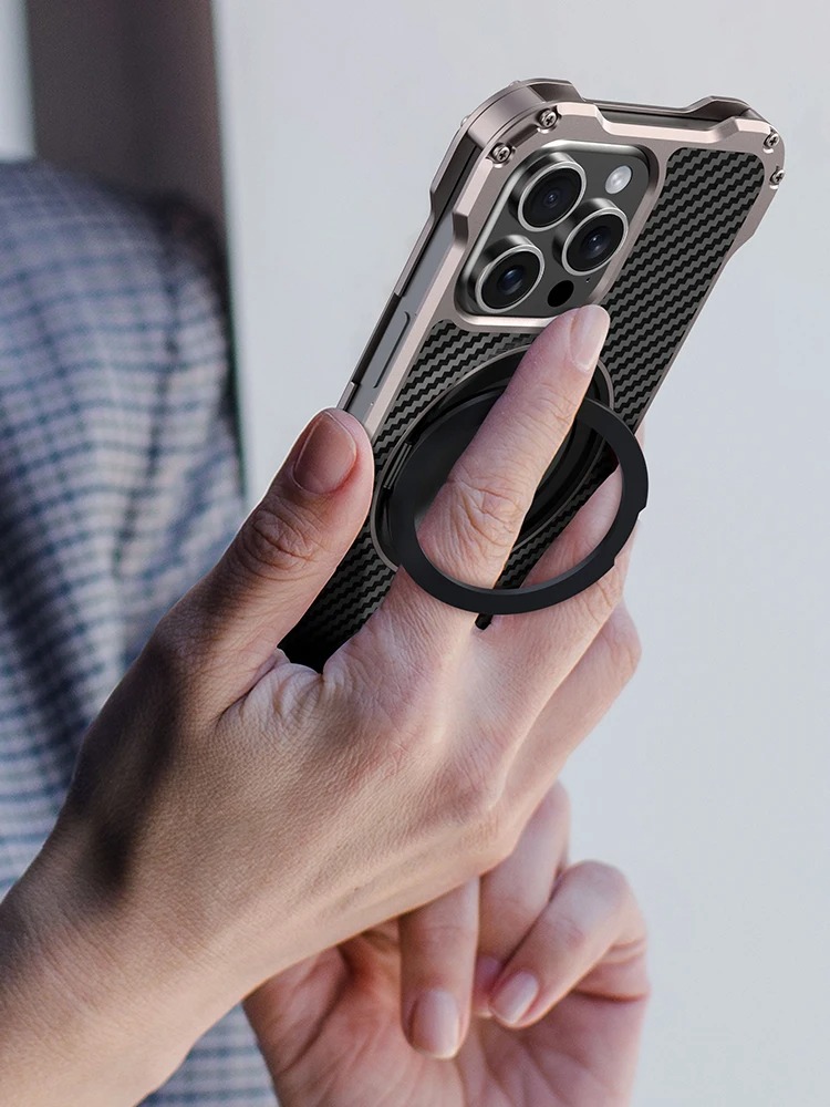R-Just Metal Carbon Fiber iPhone Case with Ring Holder - 17/16/15/14/13 Pro Max