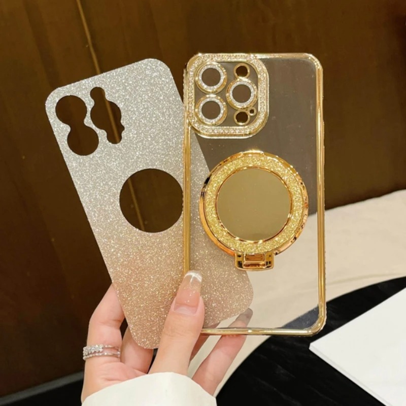 Luxury Flash Mirror iPhone Case with Diamond Frame & Kickstand – Compatible with iPhone 11/12/13/14/15/16 Pro Max, Plus & Air Models