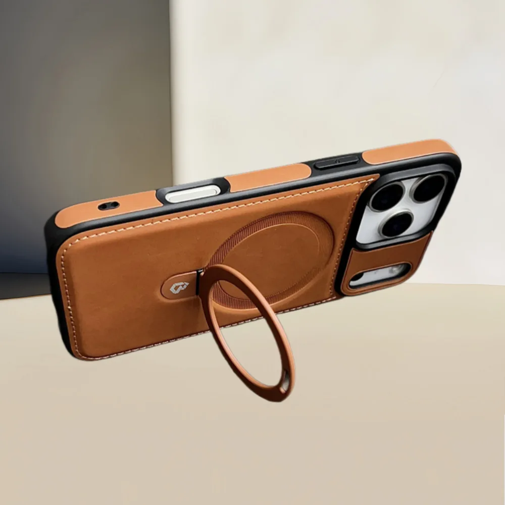 Luxury PU Leather Magnetic Ring Kickstand Case for iPhone 17 Pro Max, 17 Air, 16, 15