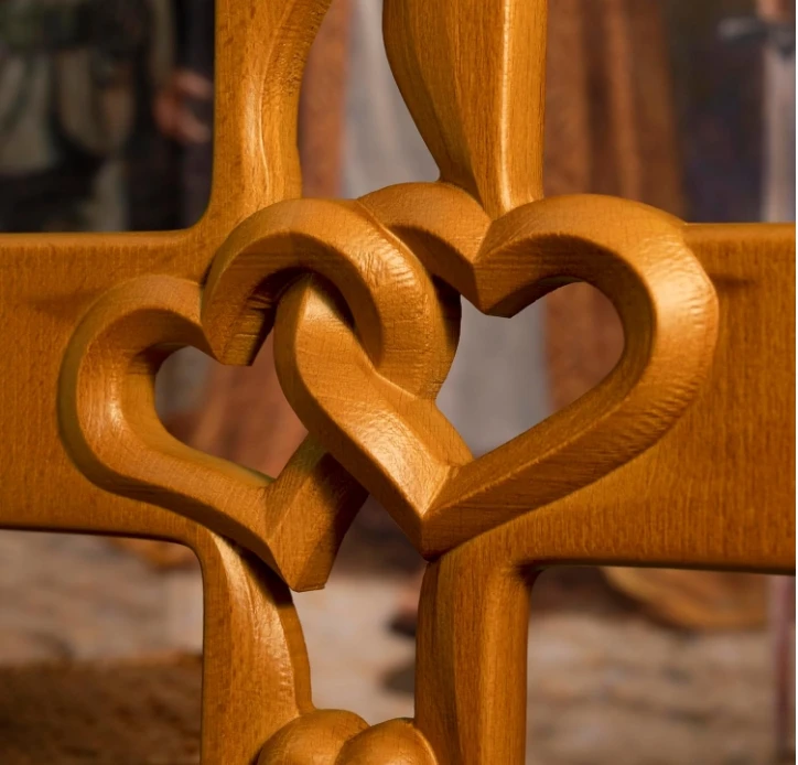 Handmade Wooden Dining Table with Carved Hearts Design - Rustic Home Furniture thumbnail 2