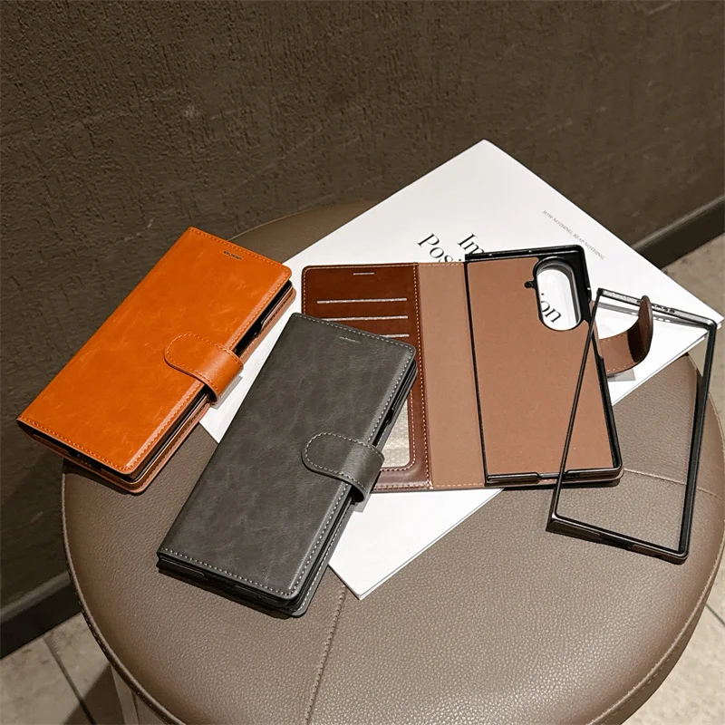 Business Flip Cover Leather Phone Case for Samsung Galaxy Z Fold 7 / 6 / 5 / 4 / 3 – Card Slot