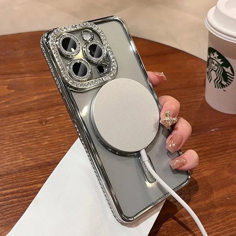 Luxury Plated MagSafe iPhone Case with Diamond Frame – Magnetic Protective Cover for iPhone 13/14/15/16 Pro Max, Plus & 17 Air