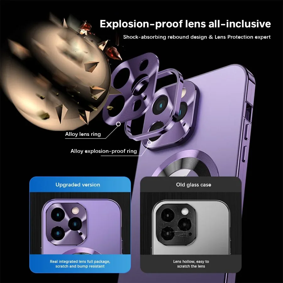 Magnetic Lock Metal Frame with HD Tempered Glass Full Cover Phone Case for iPhone 16, 15, 14